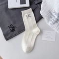 Creamy white cotton socks with vertical knit texture and a grey ribbon bow detail - One Size / White with Gray Bowknot (GS6005) / White With Grey Bow