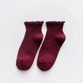 Burgundy knit ankle socks featuring elegant ruffled cuffs and ribbed texture design - One Size / Burgundy