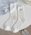 Cute white crew socks with blue checkered pattern and small bear embroidery detail - Embroidered Bear