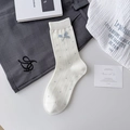 Off-white cotton socks with blue polka dots and a light blue ribbon bow detail - One Size / White Polka Dot Blue Bowknot (GS6005) / White Polka Dot