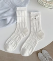 White cotton mesh socks with hollow knit, lace bow, and silver heart pendant detail - Ribbon Bow
