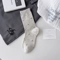 Gray cotton crew socks featuring blue floral pattern and elastic ribbed cuffs - One Size / Beige with Blue Floral (GS6005) / Beige
