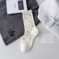 Cream crew socks with grey floral patterns and minimalist bow design in cotton - One Size / White with Gray Floral (GS6005) / White Leaf
