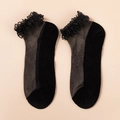 Elegant black sheer socks with intricate floral lace trim and reinforced toes - One Size / Black Silk and Black