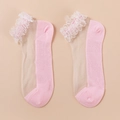 Pink and beige lace trim socks with white pleated ruffles for a sweet lolita style - One Size / Pink