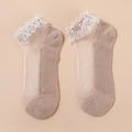 Elegant beige lace trim socks with sheer mesh panel and solid knit sole for women - One Size / Nude