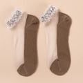 Lace ruffle trim crystal sheer socks with brown cotton patchwork for women - One Size / Coffee