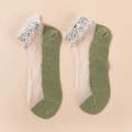 Grass green lace trim socks with sheer beige patchwork and delicate floral edge design - One Size / Green