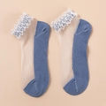 Blue cotton and mesh ankle socks with intricate white lace ruffles on light pink background - One Size / Dark Blue