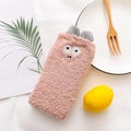 Plush pink coral fleece socks featuring cute cartoon monster face and 3D ears - One Size / Dusky Pink