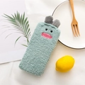 Green coral fleece thick warm socks with cute cartoon monster embroidery and grey 3D ears - One Size / Lake Blue