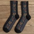 Dark grey knitted mid-calf socks with vintage floral jacquard and black accents - One Size / Black