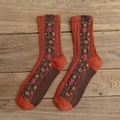 Vintage cable knit crew socks with floral patterns in rust red and deep brown colors - One Size / Brick Red
