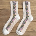 Retro beige cable-knit mid-calf socks with vintage floral embroidery and cotton blend - One Size / White