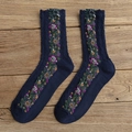Retro vintage floral cable knit crew socks in dark blue color with embroidery - One Size / Navy Blue