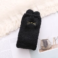 Chaussettes chat en polaire corail noire épaisse avec oreilles 3D et broderie dorée d'hiver - Taille unique / Noir
