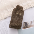 Brown fluffy coral fleece socks with cat ear design and golden whisker embroidery - One Size / Army Green