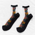 Chaussettes résille noires pour femmes avec broderies florales vintage colorées - Taille unique / Noir