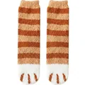 Thick coral fleece socks in brown stripes featuring a cute cat paw pattern, 51g - One Size / Thickened Yellow Stripes (51g)