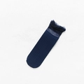 Dark blue velvet socks for women featuring elegant black lace trim and vertical stripes - Dark Navy Blue