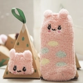 Pink coral fleece animal socks with 3D ears and embroidery in a kraft gift box - 09 Playful Rabbit