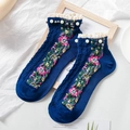 Navy blue cotton socks for women with lace trim, pearls and floral embroidery - One Size / Navy Blue