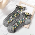 Grey cotton socks with floral embroidery, white lace trim and pearl accents - One Size / Gray
