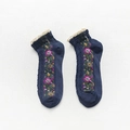 Navy blue cotton low-cut socks for women with floral embroidery and lace trim - One Size / Navy Blue