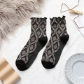 Retro Japanese mid-calf socks with purple diamond pattern and elegant ruffled cuffs - One Size / Black