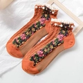Retro orange cotton socks for women featuring white lace trim and pearl bead accents - One Size / Red