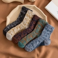 Five-pack of retro floral embossed crew socks for women in black, beige, and dark brown tones - One Size / Assorted Colors