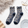 Navy blue retro mid-tube socks with diamond patterns and ruffled edges for women - One Size / Navy Blue