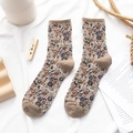 Retro floral knit mid-calf socks with khaki contrast heel and toe in vintage style - One Size / Khaki