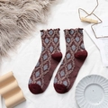 Retro wine red crew socks with gray floral pattern and vintage ruffle trim cuff - One Size / Burgundy
