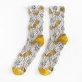 Chaussettes jaune moutarde rétro avec motifs floraux blancs et maille texturée - Taille unique / Talon Jaune