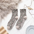 Vintage Japanese style crew socks with beige green argyle pattern and ruffle trim cuffs - One Size / Khaki