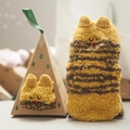 Yellow striped cat character fuzzy socks for kids with a triangular gift box packaging - 05 Tiger