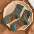 Caramel mid-calf socks with blue toe contrast and vintage embossed floral patterns - One Size / Green