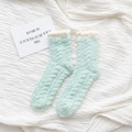 Thick light green coral fleece socks with white plush trim for cozy winter home wear - One Size / Green