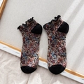 Floral crew socks with ruffle cuffs and vintage jacquard pattern for women - Black