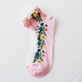 Pink vintage socks with floral embroidery, white lace trim and pearl beads detail - One Size / Pink