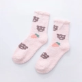 Pink coral fleece socks featuring brown bear and carrot patterns for women - One Size / Pink Bear