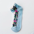 Light blue low-cut cotton socks with white lace trim, pearls, and floral embroidery - One Size / Blue