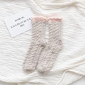 Thick coral fleece socks in beige gray with soft pink plush trim for winter warmth - One Size / Khaki & Pink