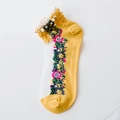 Ginger yellow women's cotton crew sock with floral embroidery and lace pearl trim - One Size / Turmeric