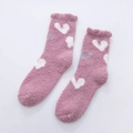 Pink heart pattern coral fleece socks with cute ruffle trim for winter warmth - One Size / Purple Pink Heart