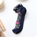 Dark blue cotton socks for women featuring white lace edges and pearl embellishments - One Size / Navy Blue