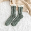Thick coral fleece crew socks in sage green with white plush cuffs and ribbed texture - One Size / Army Green