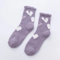 Purple fuzzy coral fleece crew socks with white heart patterns and wavy edges - One Size / Deep Purple Heart