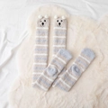 Thick grey and white striped coral fleece thigh high socks with cute bear ear details - One Size / Striped Bear